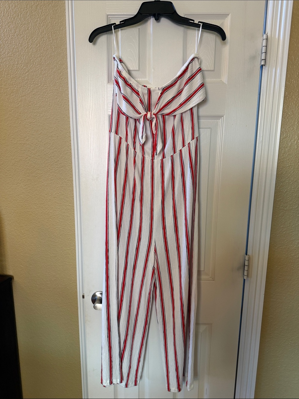 Love Tree White Jumpsuit with Red Stripes and Front Tie